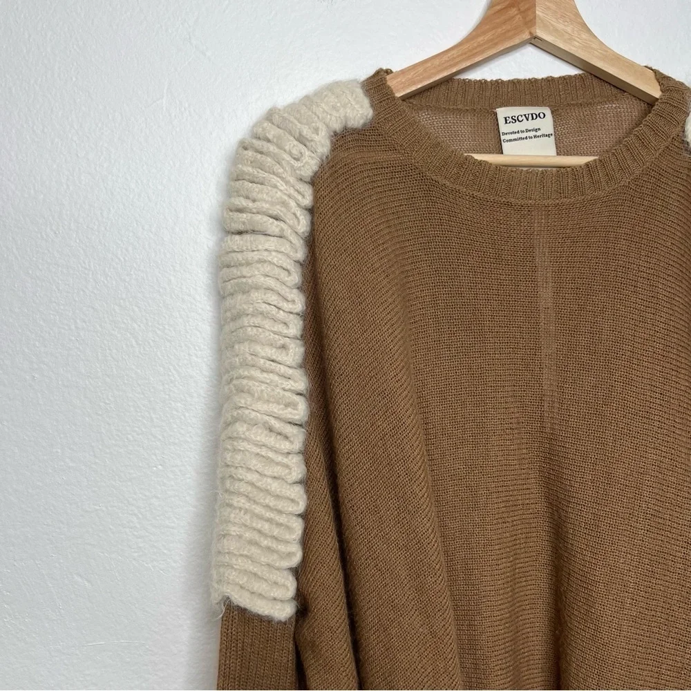 Escvdo Hand Wool Shoulder Embroidered Knit Sweater Brown Size Small